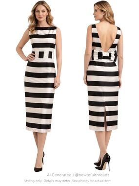 Black White Stripe Bow Back Midi Dress Retro Mod Cocktail Chic
